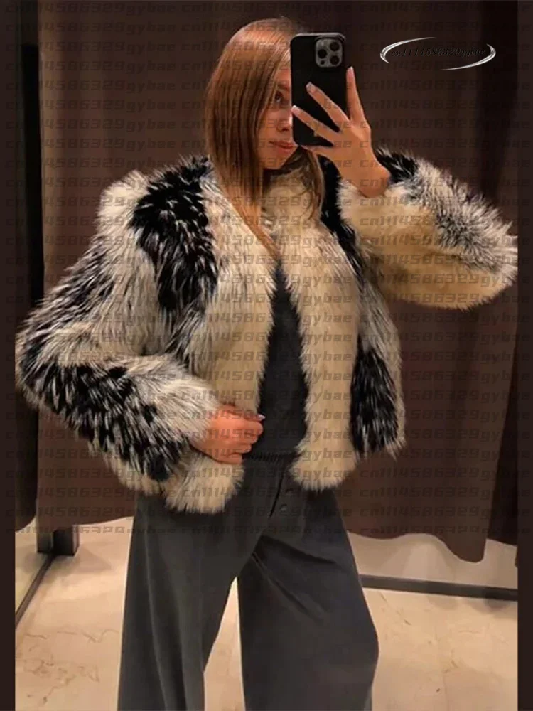 Stylish Contrast Faux Fur Women Coat Elegant O-neck Single Breasted Full Sleeve Female Coats 2026 Autumn Winter Chic Lady Jacket