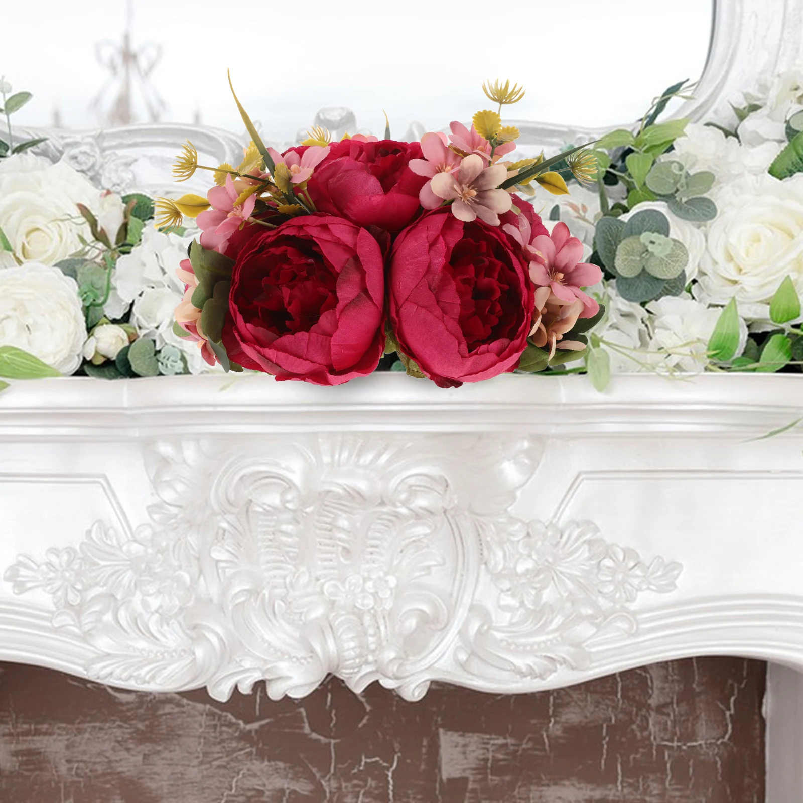 

Silk Peony Flower Ball Artificial Wedding Bouquet Table Centerpiece Decor Faux Floral Arrangement Fireplace Mantel Rosy Red