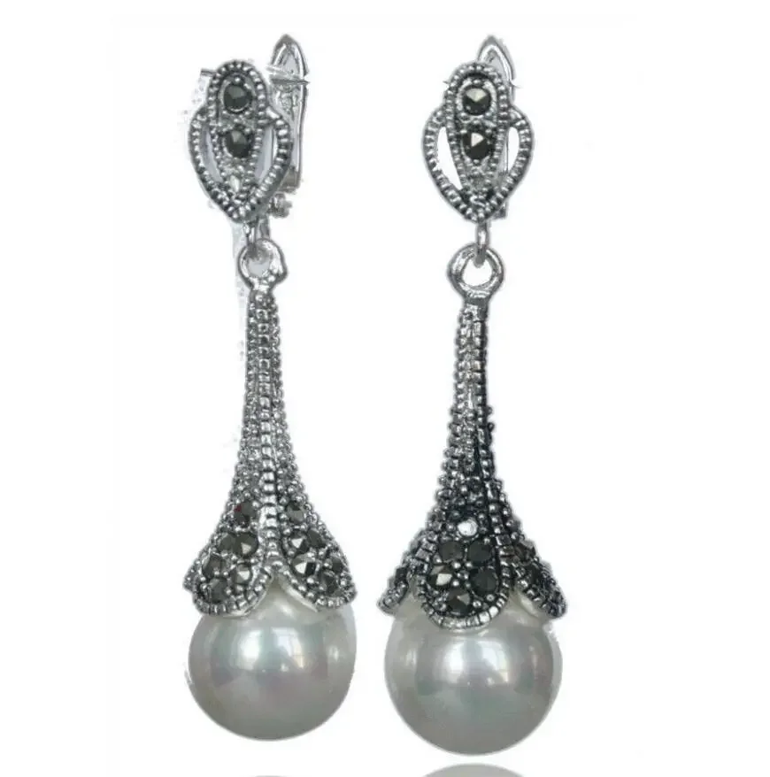 

Fashion jewelry Marcasite 925 Sterling Silver White Round Shell Pearl Dangle Long Earrings 1.8"