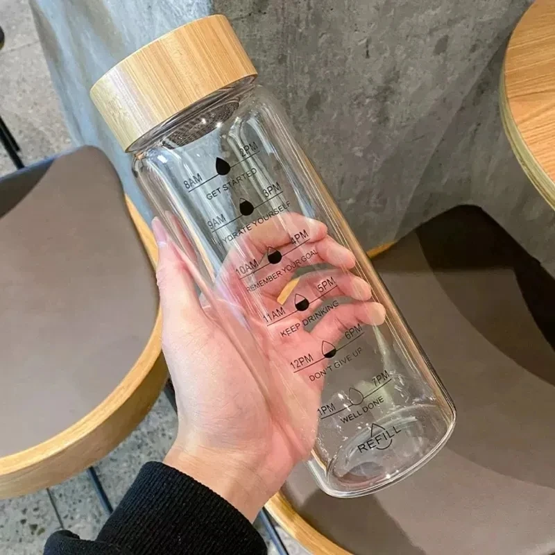 1000ml Large Capacity Glass Water Bottle With Time Marker Cover For Water Drink Transparent Milk Juice Simple Cup Birthday Gift