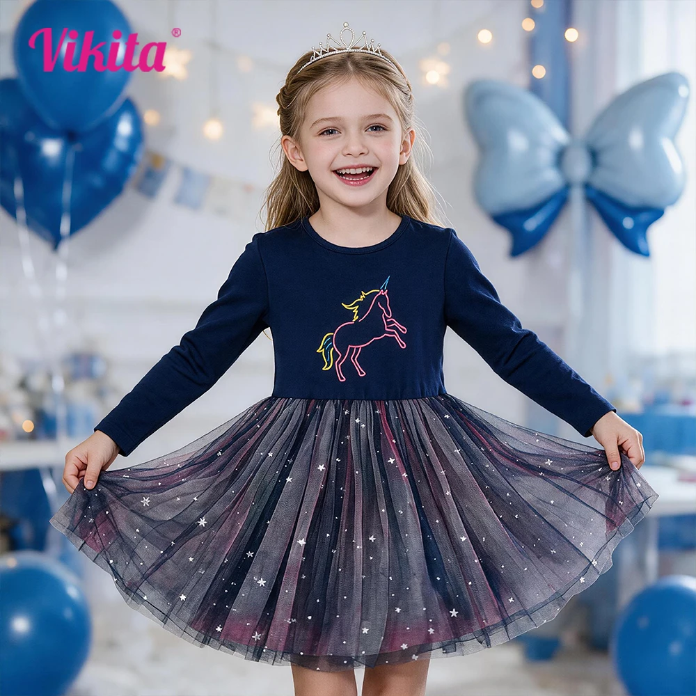 VIKITA Girls Navy Blue Long Sleeve Dress for Autumn Spring Kids Licorne Embroidery Princess Casual Daily Gradient Starry Dress