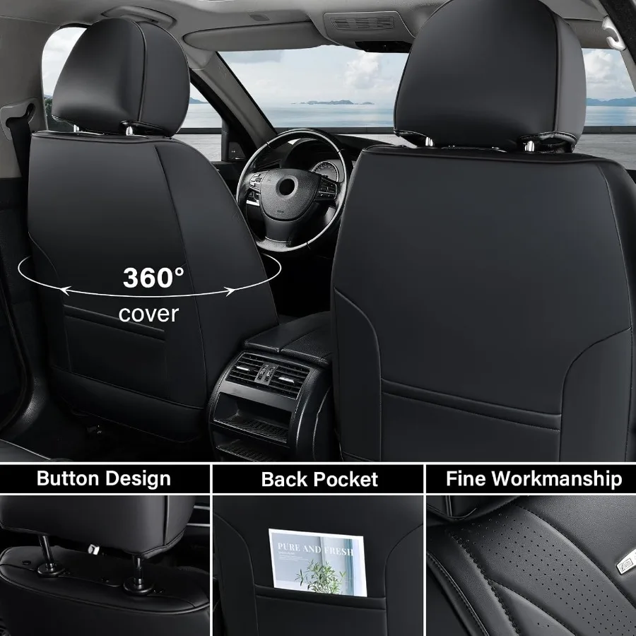 مجموعة كاملة من أغطية مقاعد السيارة الفاخرة المصنوعة من الجلد الصناعي باللون الأسود للمقاعد الأمامية والخلفية المقاومة للماء مع وسادة Unive