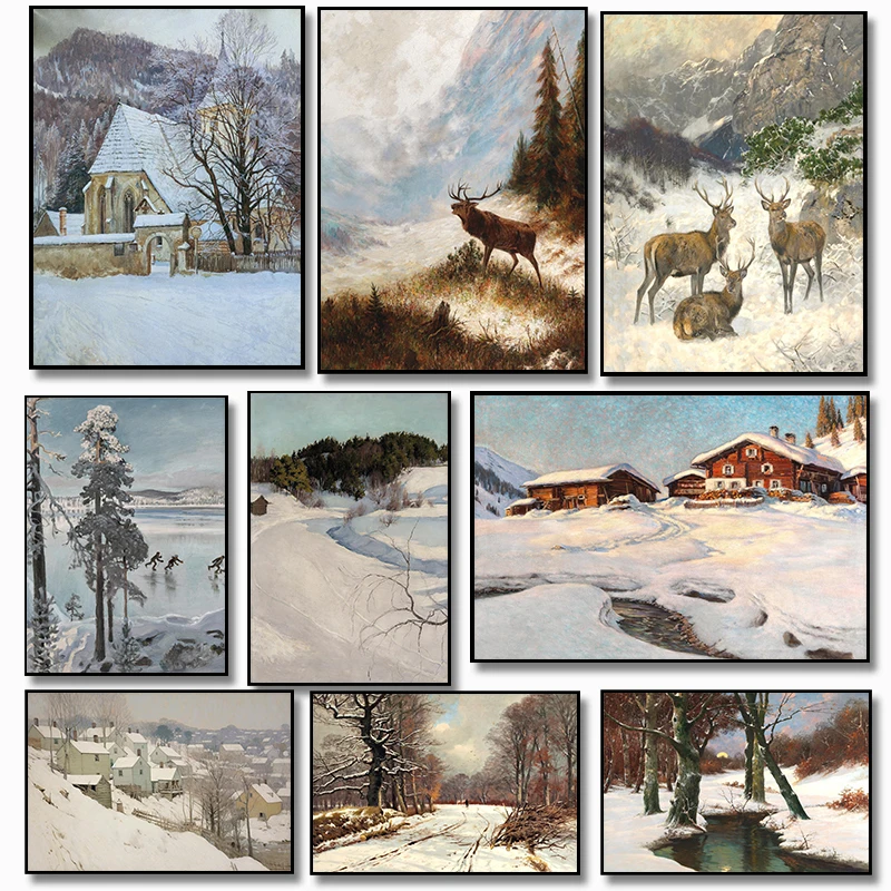 Vintage Winter Country Town Church Glacier Deer Herd Scenic Artwork Poster Canvas Paintings Wall Art Pictures Home Decor