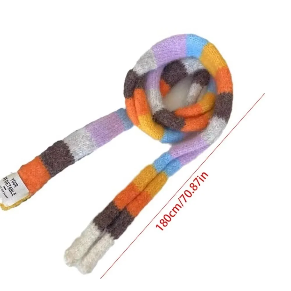 New Y2K Striped Scarf Knitted Wool With Warm Color Splicing Contrast Long Narrow Scarves Rainbow Color Winter Scarf