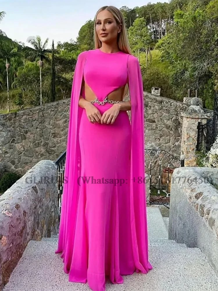 Sexy Pink Chiffon Prom Dresses Pleat Ruched Long Cape Sleeves Evening Dress Backless Formal Dubai Women Party Gowns Customized