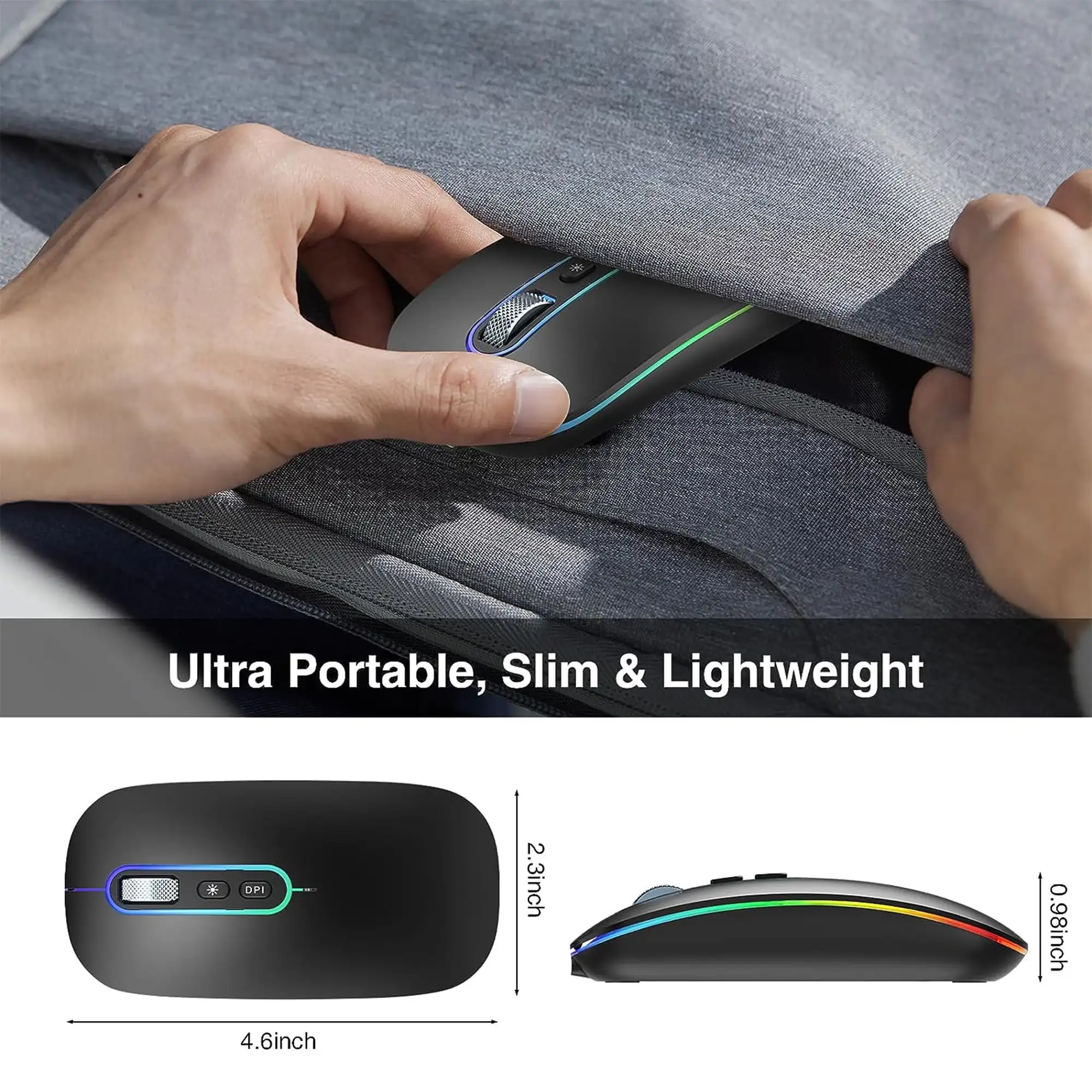 ماوس بلوتوث ماوس لاسلكي قابل لإعادة الشحن LED فأرة كمبيوتر صامتة مع وضع مزدوج (بلوتوث 5.1 و2.4G) ماوس نحيف