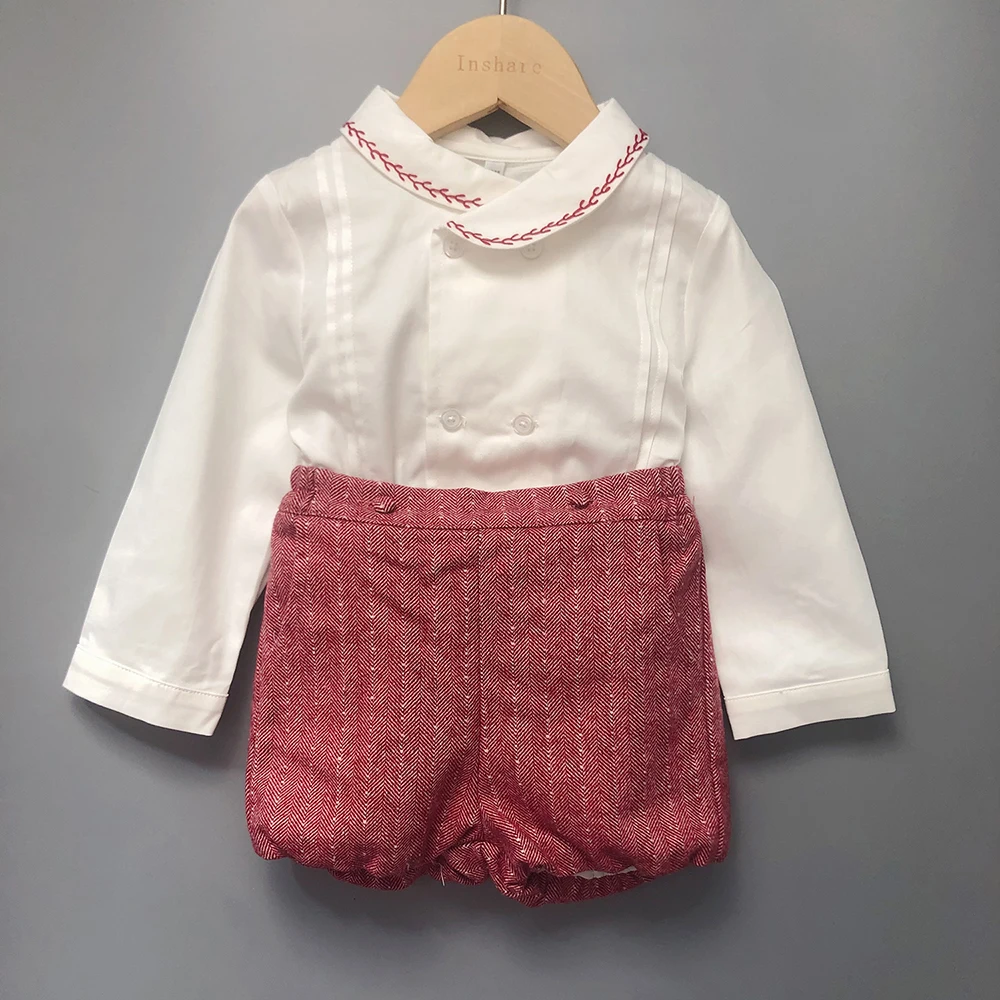 Boutique Children Clothing Autumn Winter Baby Boys Red Wool Christmas Shorts Set Cotton Shirt Eid Clothes Christening dress