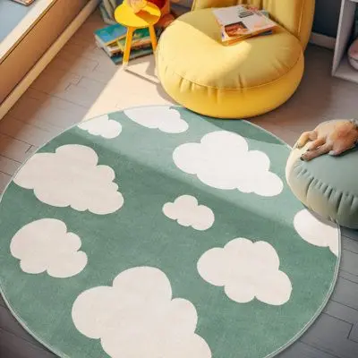 Whimsical Round Rug – Cartoon Mountain, Rainbow, Hot Air Balloon & Celestial Art for Kids’ Room Decor