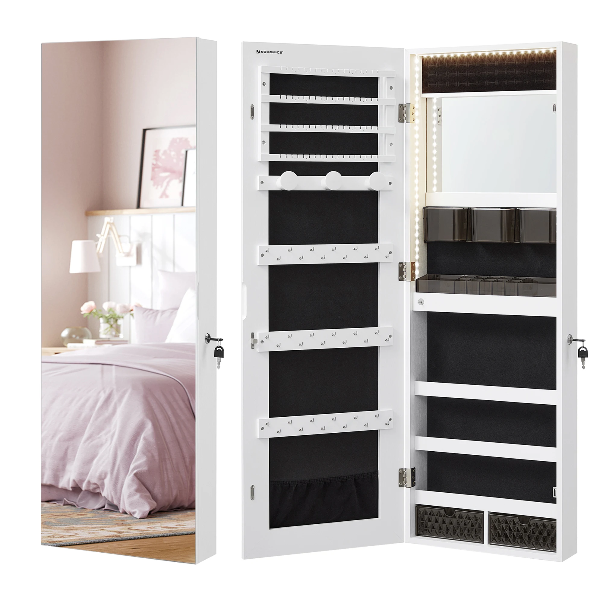 Multifunctional Jewelry Armoire Cabinet White Lockable Wall-Mounted Jewelry Cabinet with full-length mirror