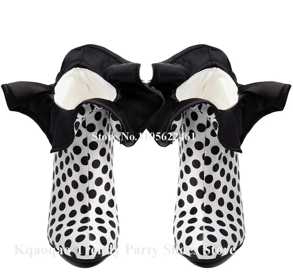 Kqaoqao White-black Polka Dots Satin Stiletto Heel Short Boots Pointed Toe Slip-on Top Ruffles Fringes Thin Heel Ankle Boots