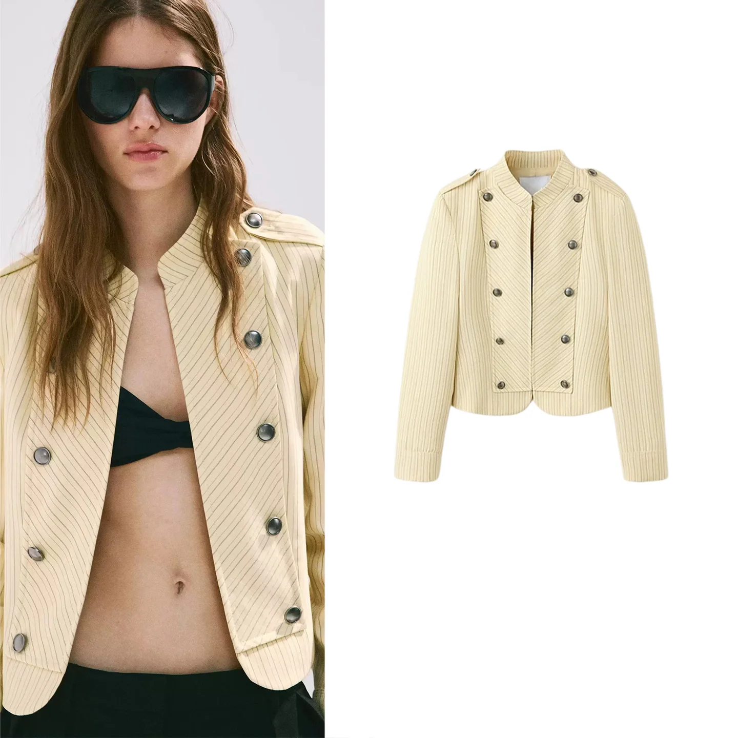 Chaqueta de Verano para Mujer, Estilo Marinero, Cuello Alto, Manga Larga, Rayas en los Hombros, Doble Botonadura, Estilo Casual, Fibra de Poliéster