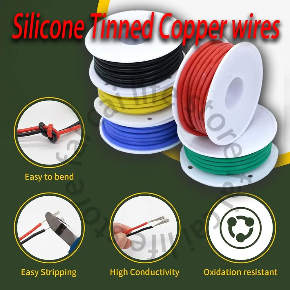 

Heat Resistant Flexible Silicone Wire 30AWG 28AWG 26AWG 24 22 20AWG 18AWG 16AWG Stranded Tinned Copper Wire, 5 Colour Mixed Set