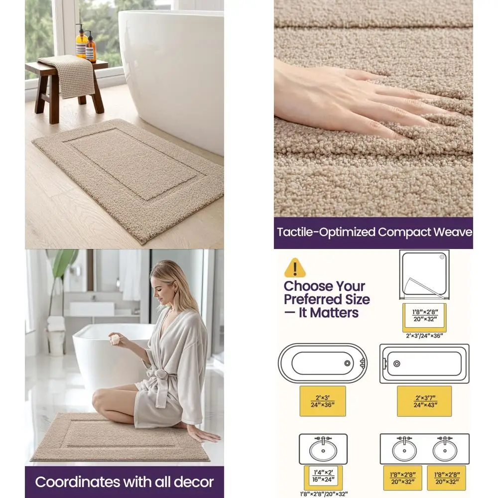 

Soft Plush 43x24 Non-Slip Shower Mat with Rubber Backing, Washable and Quick-Dry Bath Rug for Tub, Beige