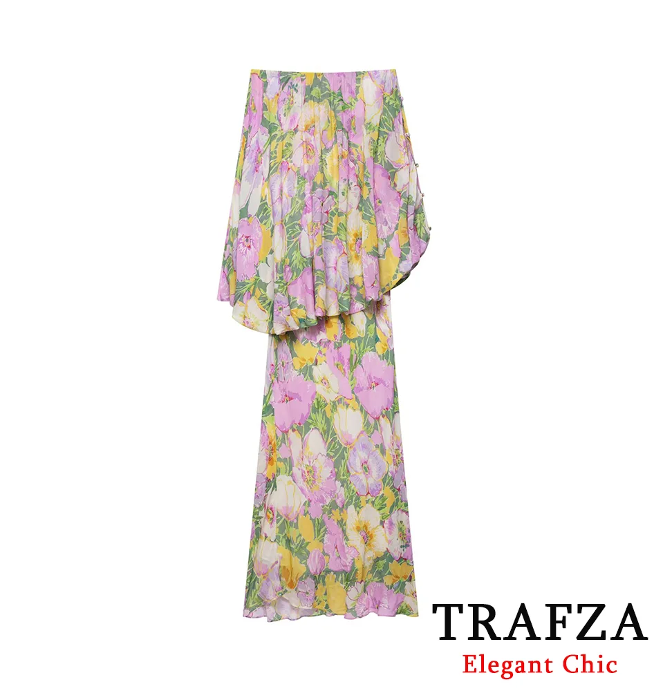 

TRAFZA-Women Elegant Chic Print Strapless Dress Flower Asymmetrical Dress 2025 Spring Summer Fashion Holidays Dating Lady Dress