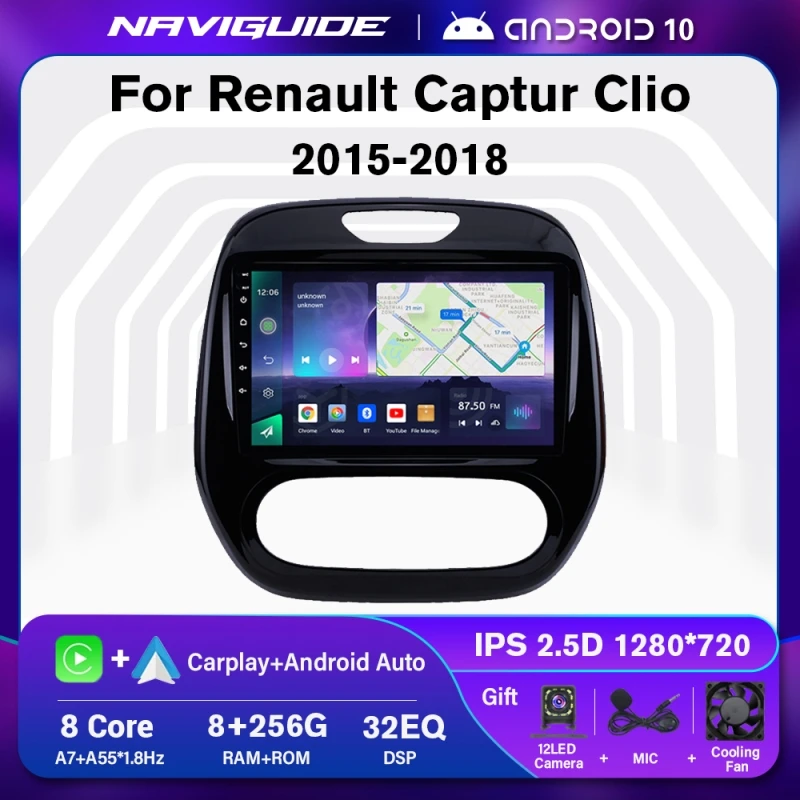 NAVIGUIDE-Autoradio Android 10.0, Navigation GPS, BT, FM, Stéréo, Lecteur de Limitation, 2Din, pour Voiture Renault Captur, CLIO AT (2015-2018)