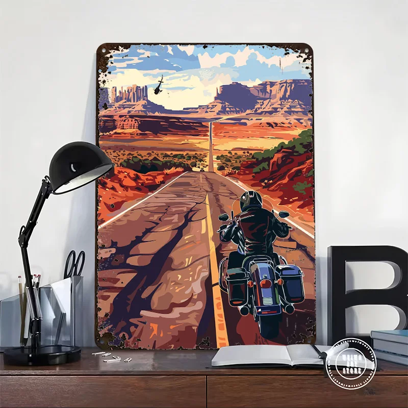 Motorcycle Ride on Route 66 Printed Poster Customized Wall Art Retro Vintage Metal Tin Signs for Home Decoration Aesthetic House
