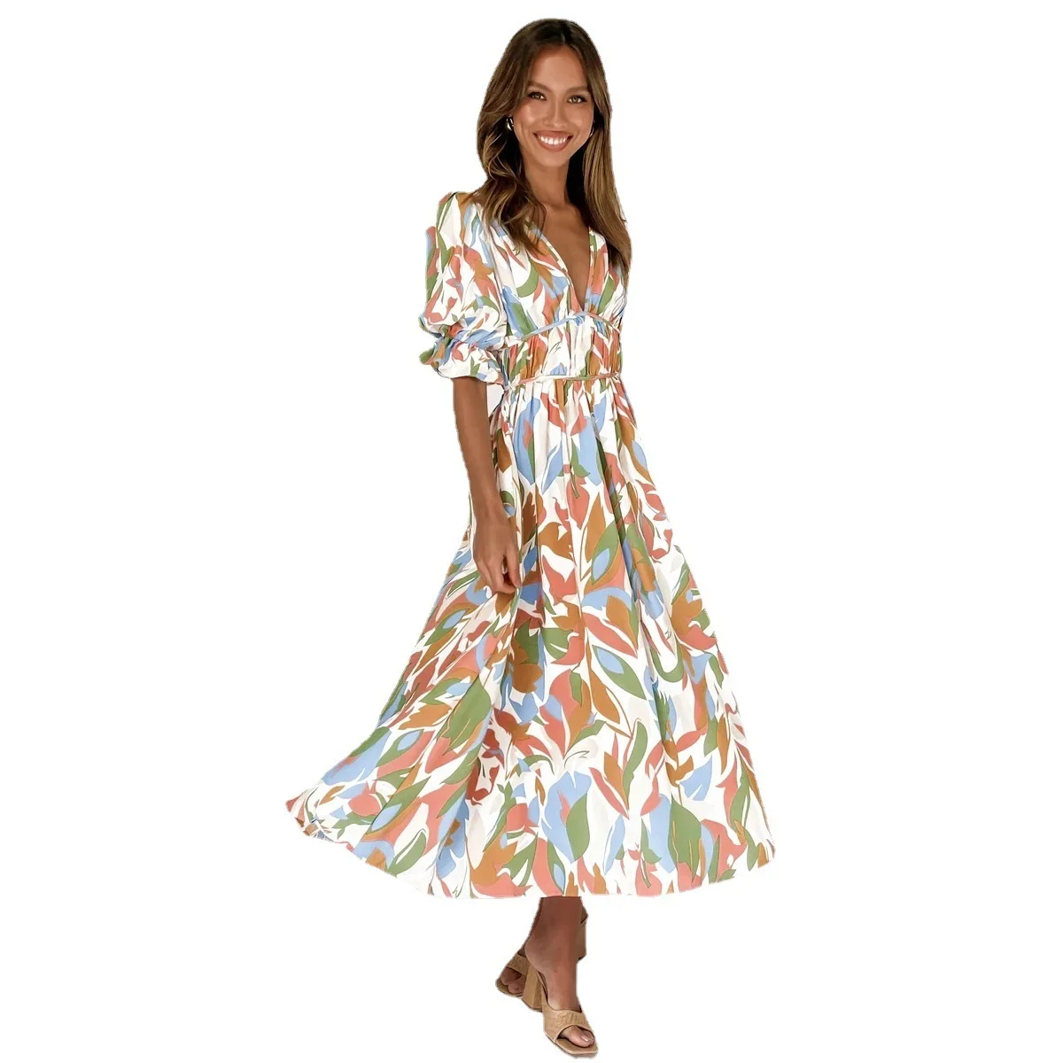 فستان متوسط الطول بطباعة رقمية جديدة لربيع وصيف 2025 22045