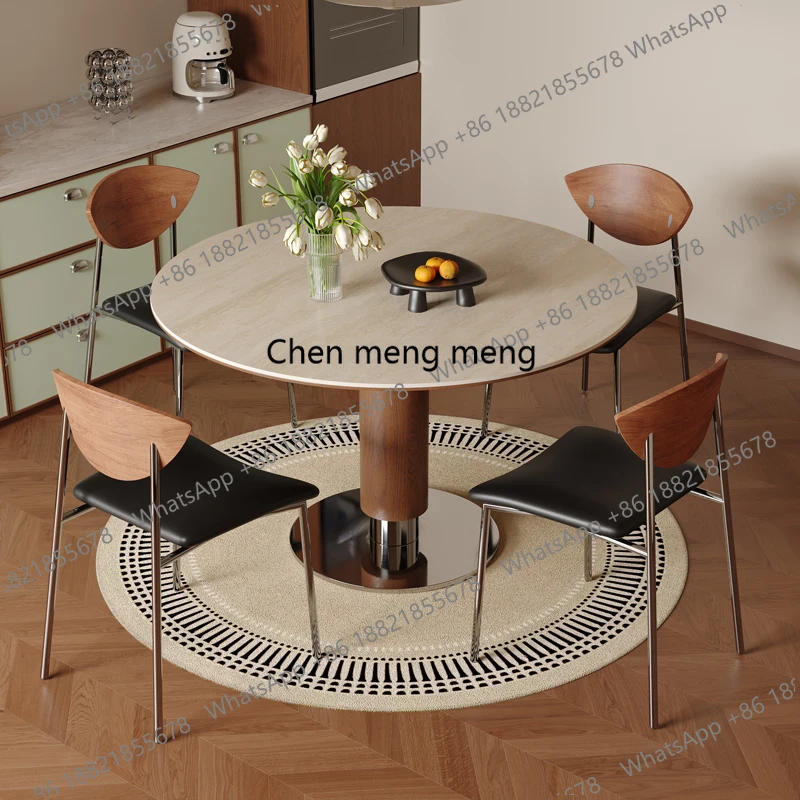 

Bauhaus dining table household solid wood negotiation round table beige travertine rock slab dining table and chairs