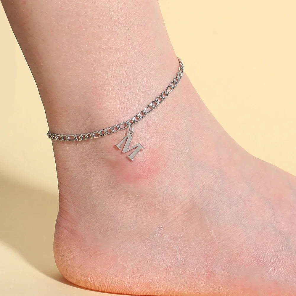 2024 Fashion stainless steel silver color luster initial ladies pendant Girls Summer Birthday Party Glamour Barefoot Anklets