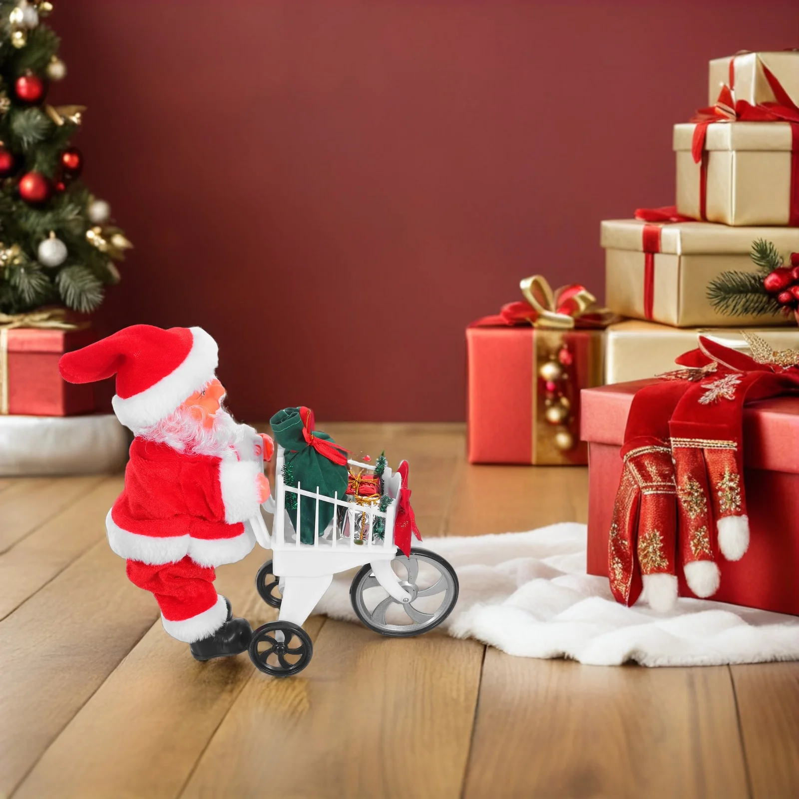 

Тележка для покупок Санта-Клауса, рождественская фигурка, праздничный праздничный декор, детская музыкальная тележка для покупок, игрушка