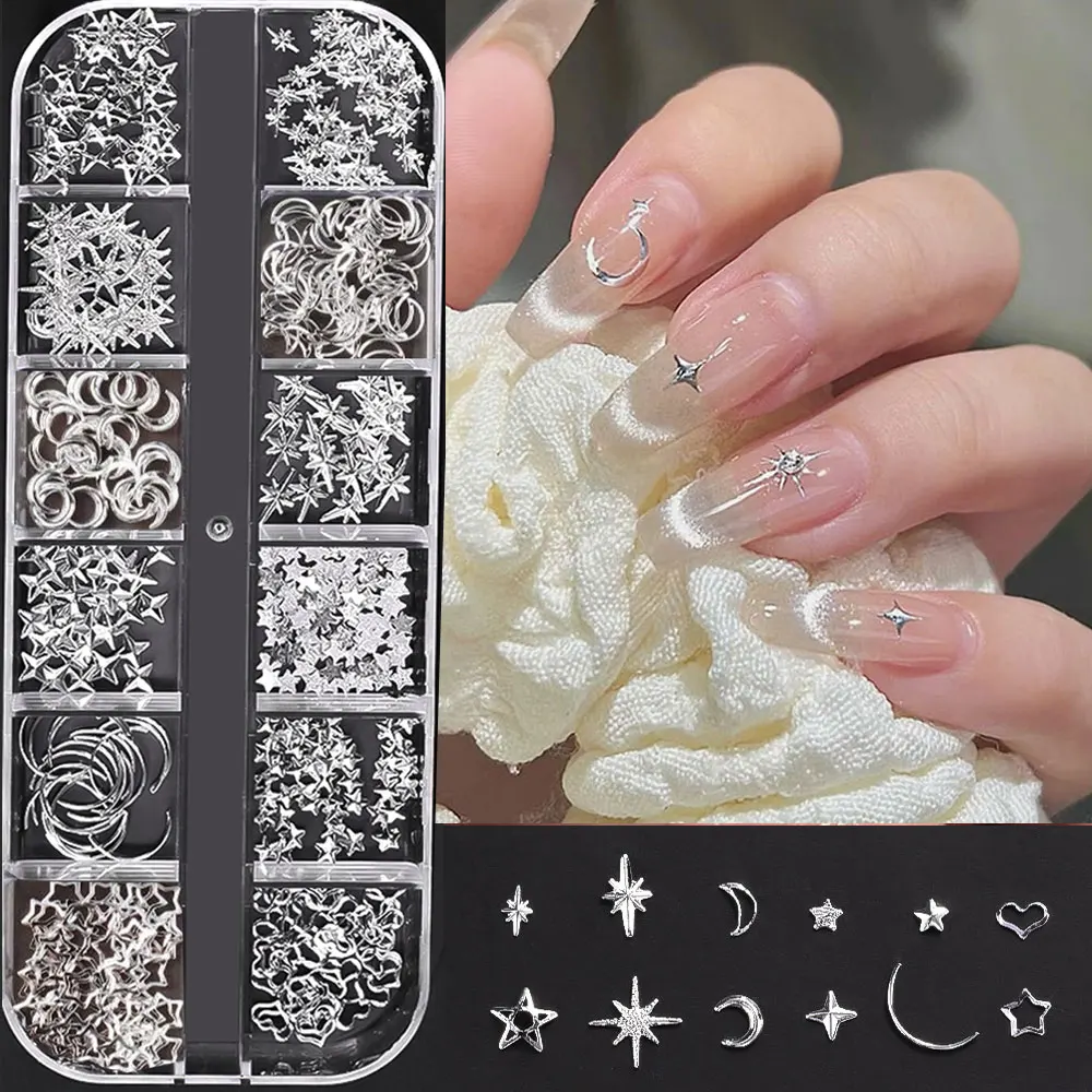 12 rasters Zilveren Ster Maan Hart Nagel Metalen Klinknagels Studs 3D Y2K Metalen Aolly Slice Plaksteen Nagel Charmes Sterrenlicht Nageldecoratie 5