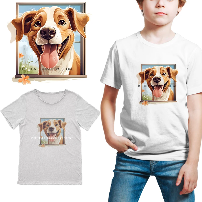 Summer Funny Dog Outside the Window PatternHeat-sensitive Patches Application Stripes on Kids Clothes ironing Printing