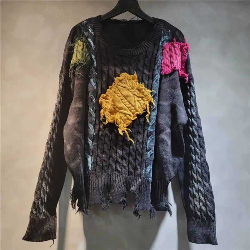 

Вязаный свитер с цветными блоками и граффити, потертые края, популярный женский свитер, осенний новый пуловер в уличном стиле, джемпер 2023 г.