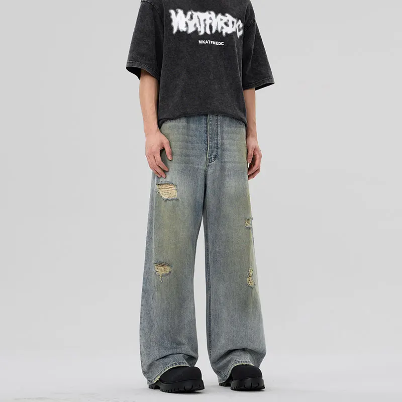 Zomer Dun Gewassen Maken Oude Gescheurde Jeans Heren Retro Nostalgische Losse, Rechte Koreaanse Stijl Streetstyle Trendy Wijde Pijpen Broek