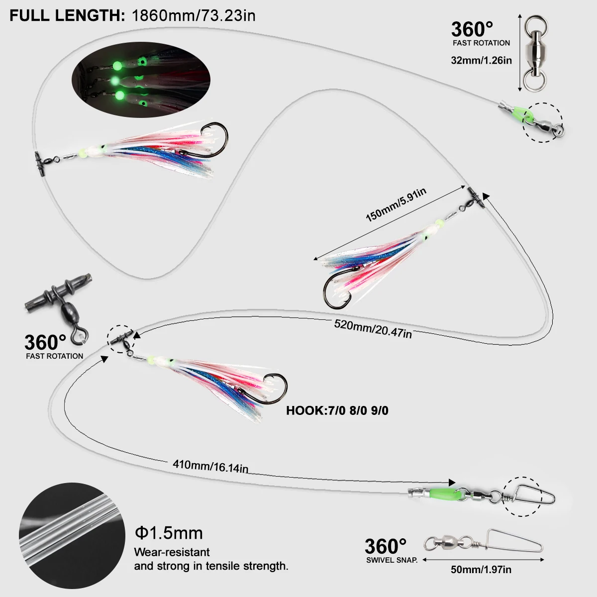 ZYZ Sea Fishing String Hooks with 7/0# 8/0# 9/0# Black Circle Hooks Luminous Octopus Fake Bait Saltwater Fishing Hooks