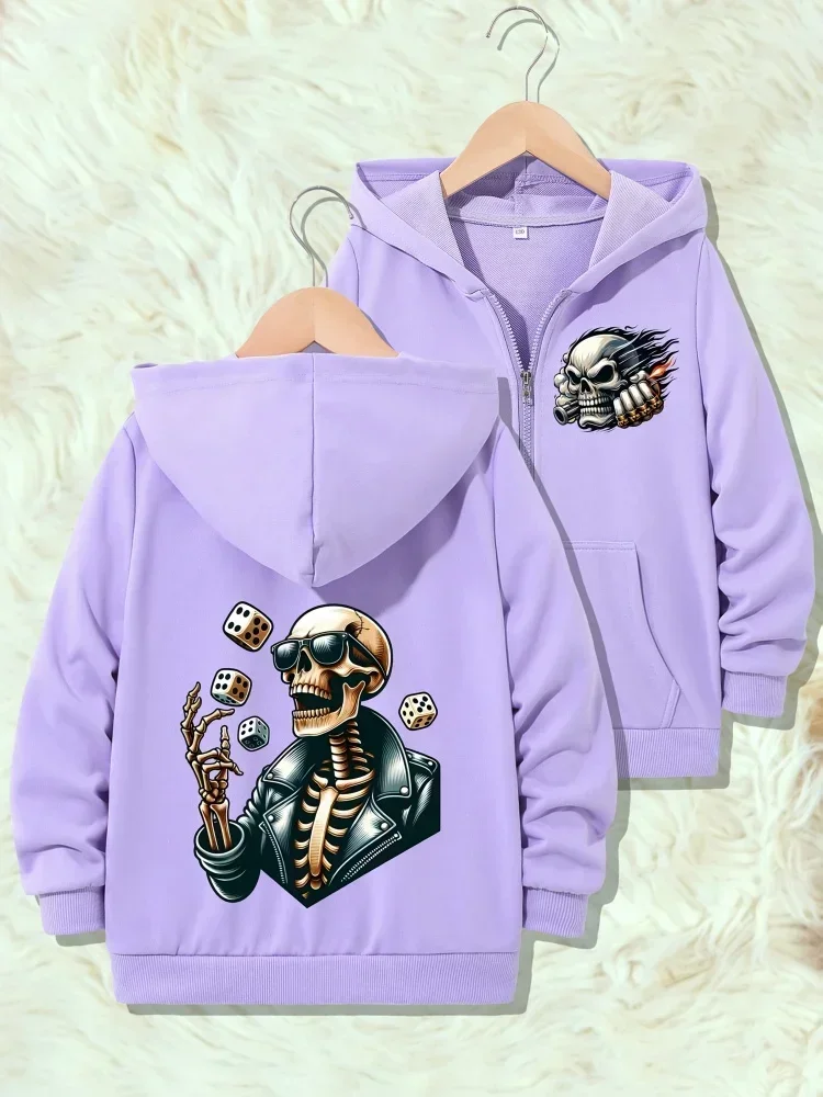 Kids Fashion Rock Skull Dice Print Zip Up Hooded Jacket Boys Long Sleeve Loose Sports Street Outerwear