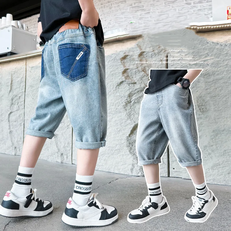 

Summer New Kids Boys Shorts Jeans Knee-Length Elastic Waist Denim Pants Children Solid Color Shorts 4 5 6 7 8 9 10 11 13 14 Year