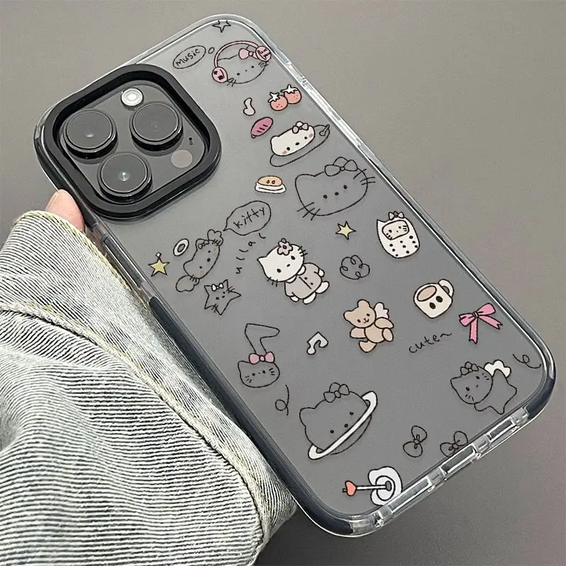 Sanrio Hello Kitty Cartoon Pencil Drawing Phone Case For iPhone 15 14 13 12 11 Pro Max 78Plus XR XS MAX MINI Y2K Girl Back Cover