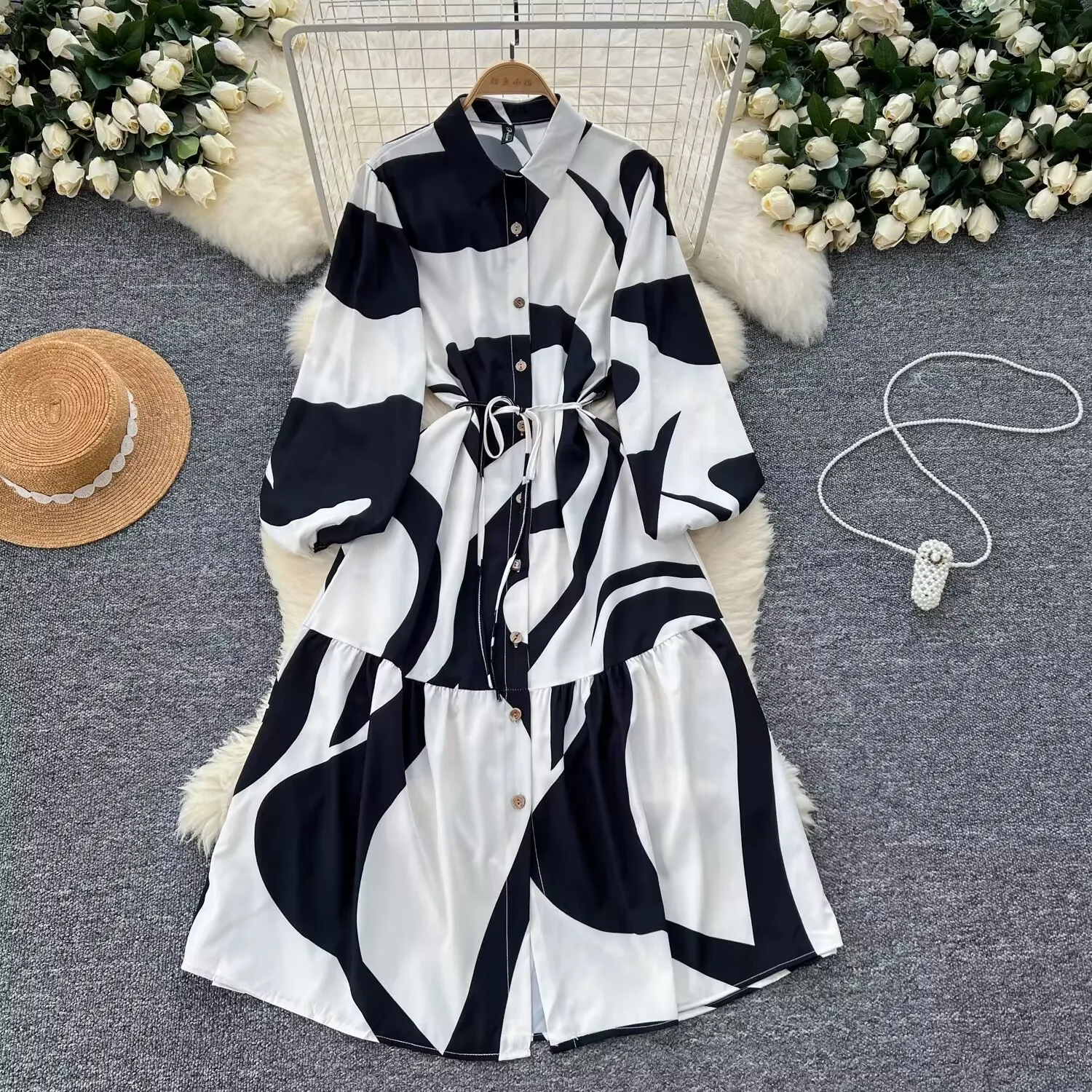 Robe chemise à lacets imprimée à manches longues pour femmes, col rabattu, simple boutonnage, Maxi, nouvelle mode printemps 2025