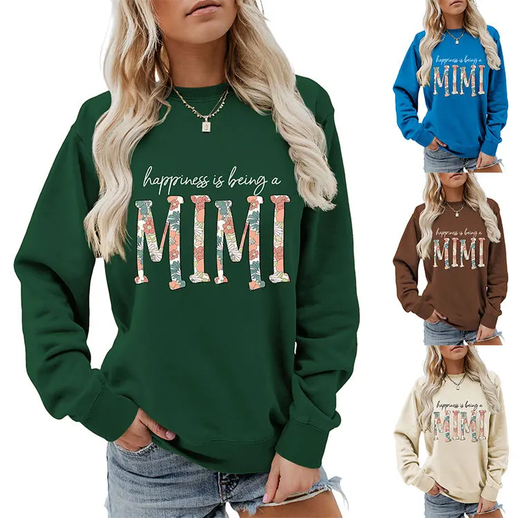 Autumn new crew-neck casual hoodie happiness is being mimi printed loose women's long-sleeved top with all fashion pullover