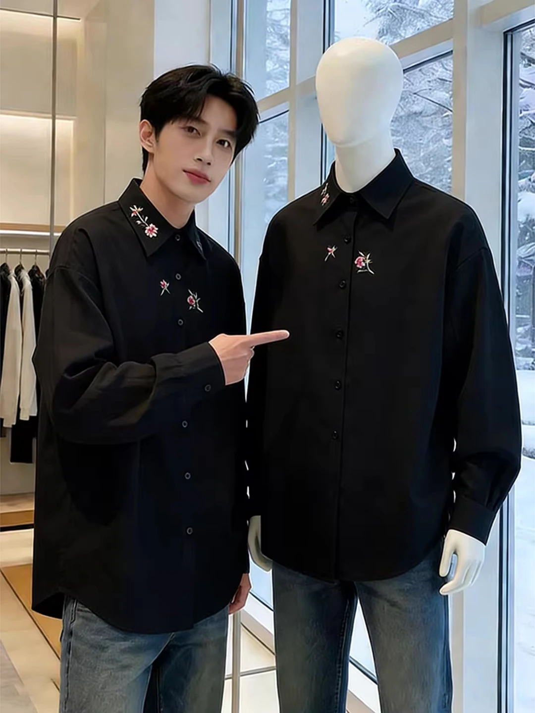 

Black Embroidered Casual Long Sleeve Shirt Collared Outerwear for Men Spring Season Cleanfit Style Regular Length Open Cardigan