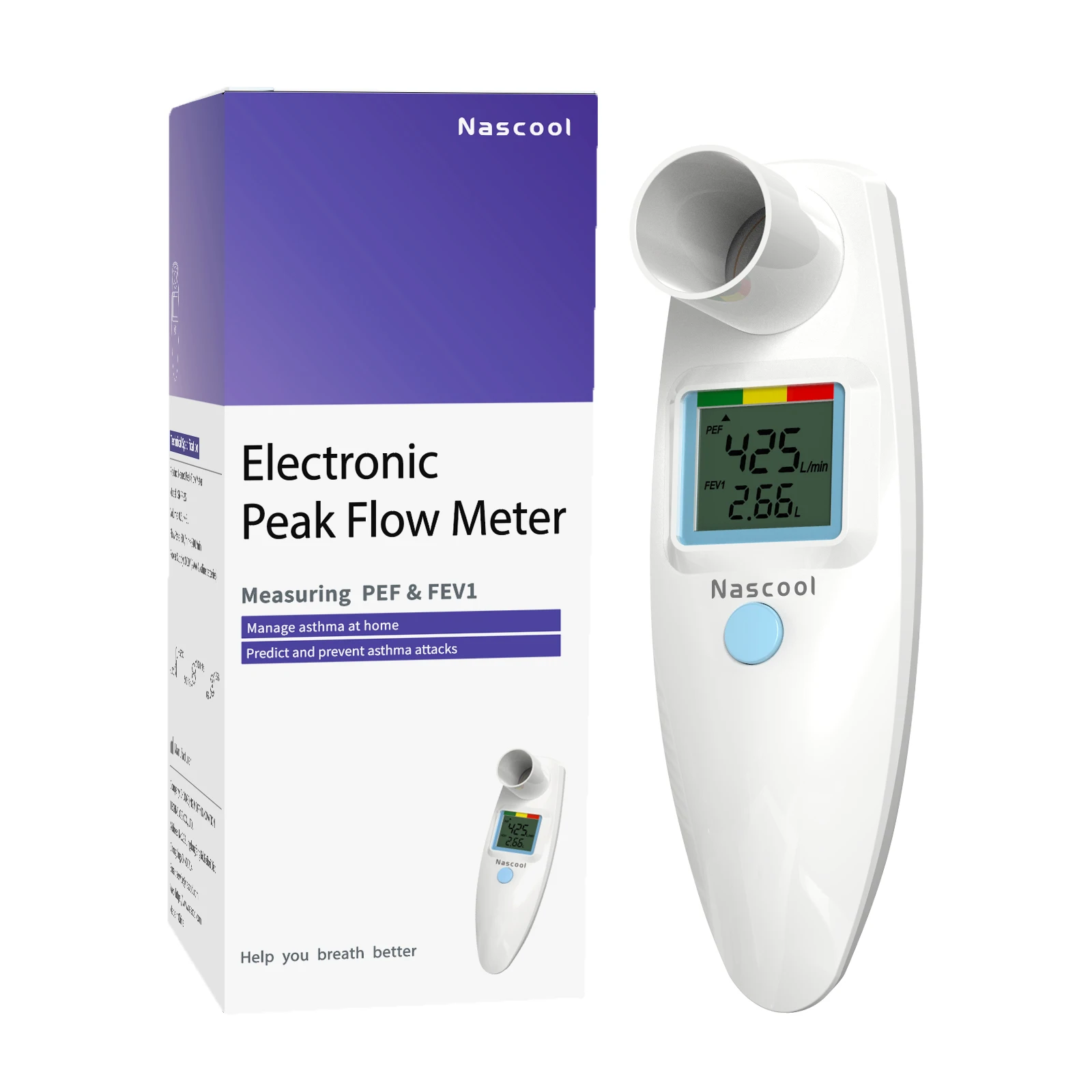 Medidor de fluxo de pico de espírômetro digital para asma COPD (PEF) e volume espiratório forçado (FEV1) Espirômetro portátil pessoal inteligente