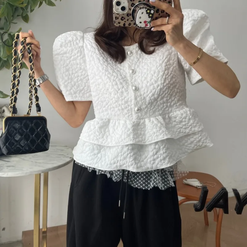

Korean Sweet Short Sleeve Round Neck Shirt Pearl Button Women's Tops 2025 Summer Fashion Chic Bubble Sleeve Ruffles White Blouse