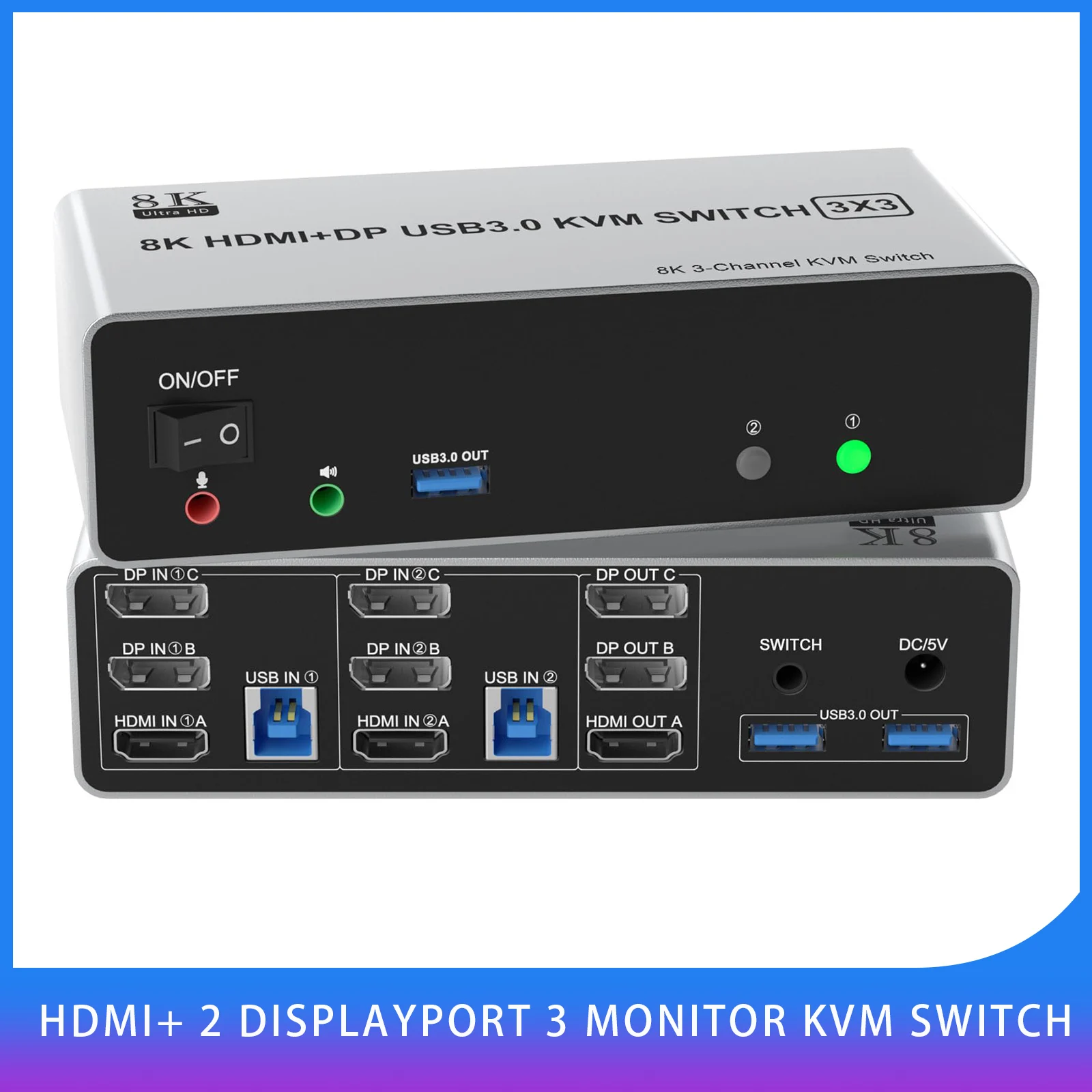 

8K@60Hz HDMI+2 Displayport KVM Switch 3 Monitors 2 Computers,Triple Monitor KVM Switch for 2 Computer Share 3 Monitor, Audio Mic