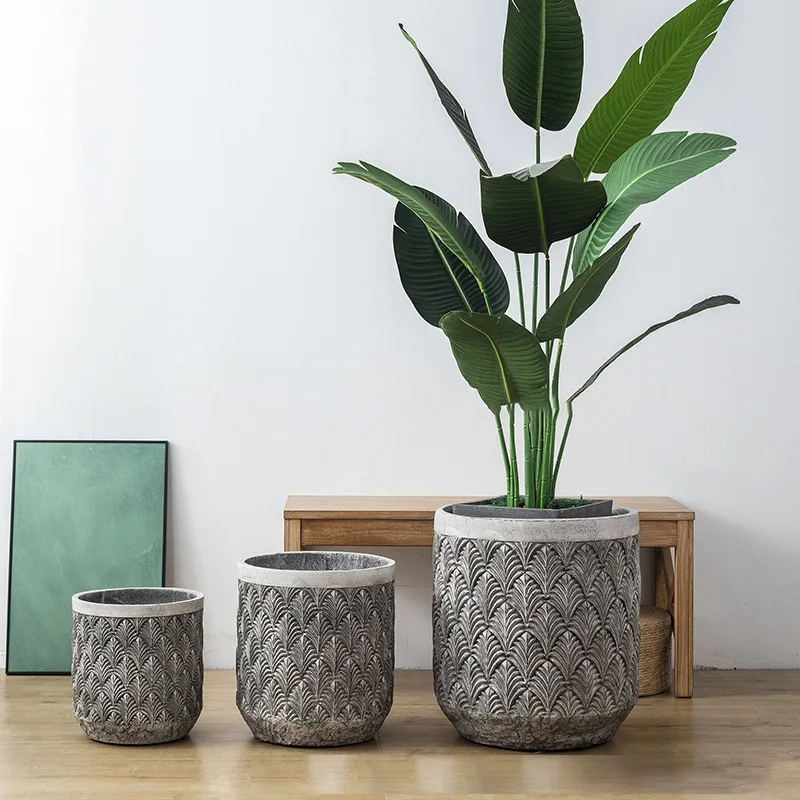 Modern simple large cement flower pot creative office relief fan leaf