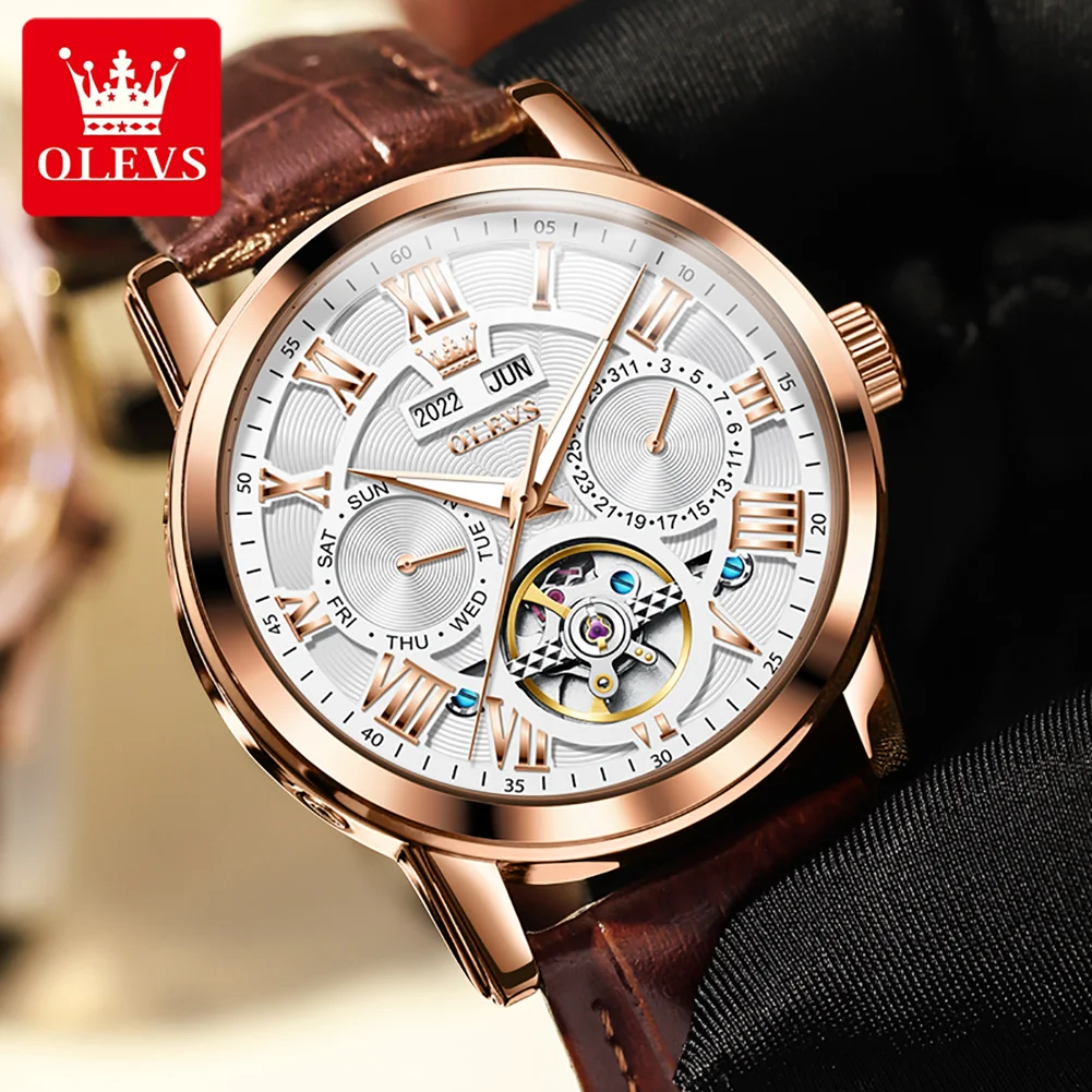 Olevs Luxe Originele Horloge Voor Mannen Automatische Mechancial Polshorloge Lederen Band Skeleton Waterdichte Multifuncation Man Horloge