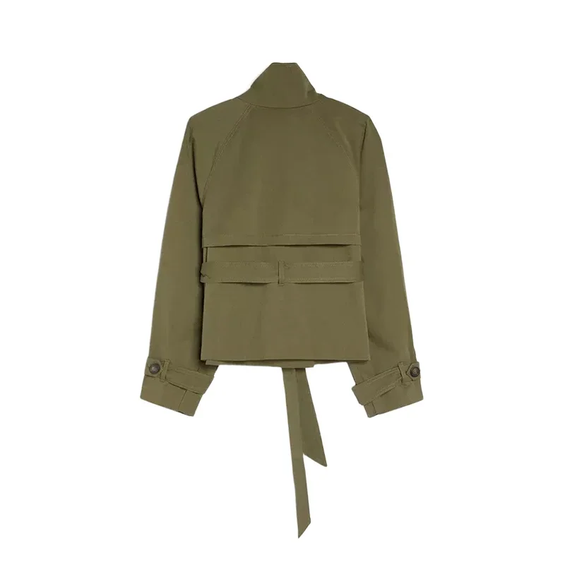 Einfarbiger Damen-Trenchcoat mit Schnürung, Stehkragen, Doppelreihig, Modisch 2026 Frühling Herbst, Elegante Lässige Damenjacke – Detail 4