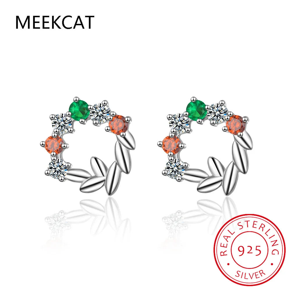 Real 925 Sterling Silver Earring Colorful CZ Leaves Stud Earrings Brincos de Prata for Women Teen 925 Silver Fine Jewelry DS3435