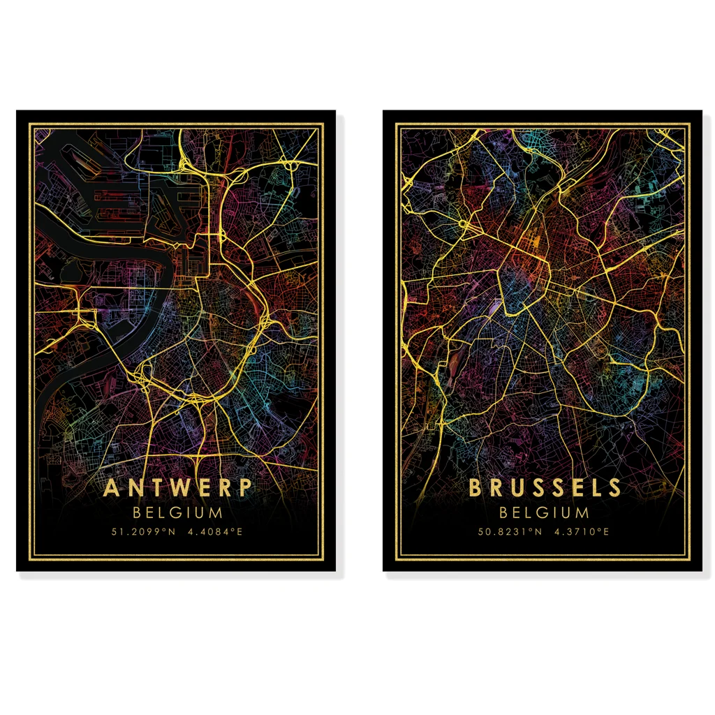 

Brussels Antwerp GOLD ROADS Rainbow City Map Print Belgium Poster Canvas Wall Art Black Pictures for Living Room