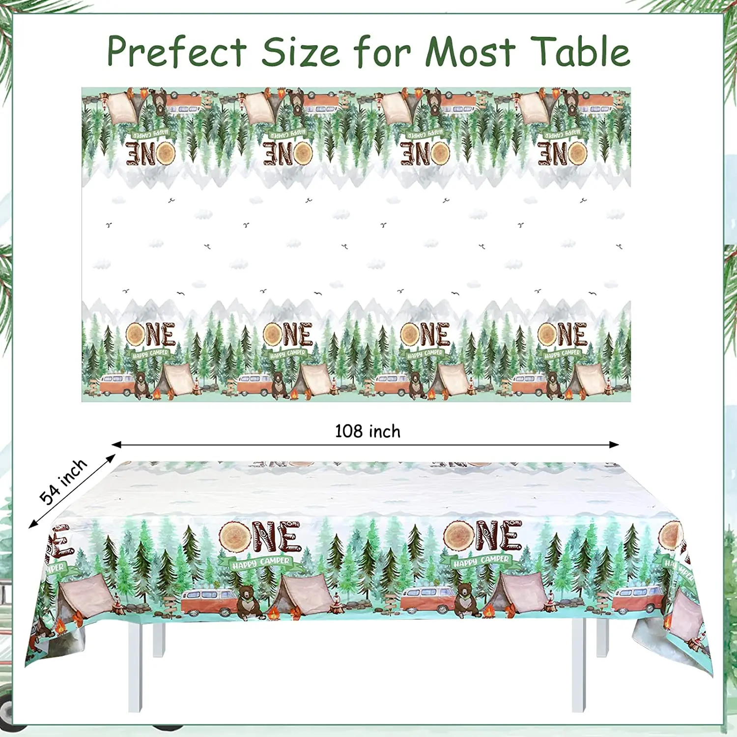 Kreatwow-One Happy Camper Birthday Decorations, Camping Tablecloth, Rectangle Tablecover, 1st Birthday Party Supplies for Kids,