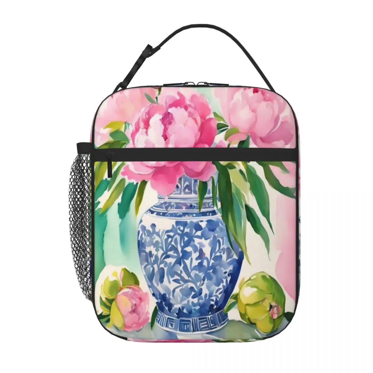Hot Sale Pink Peonies In Ginger Jar Plant Print Compact Lunch Bag Field Work Meal Insulated Tote