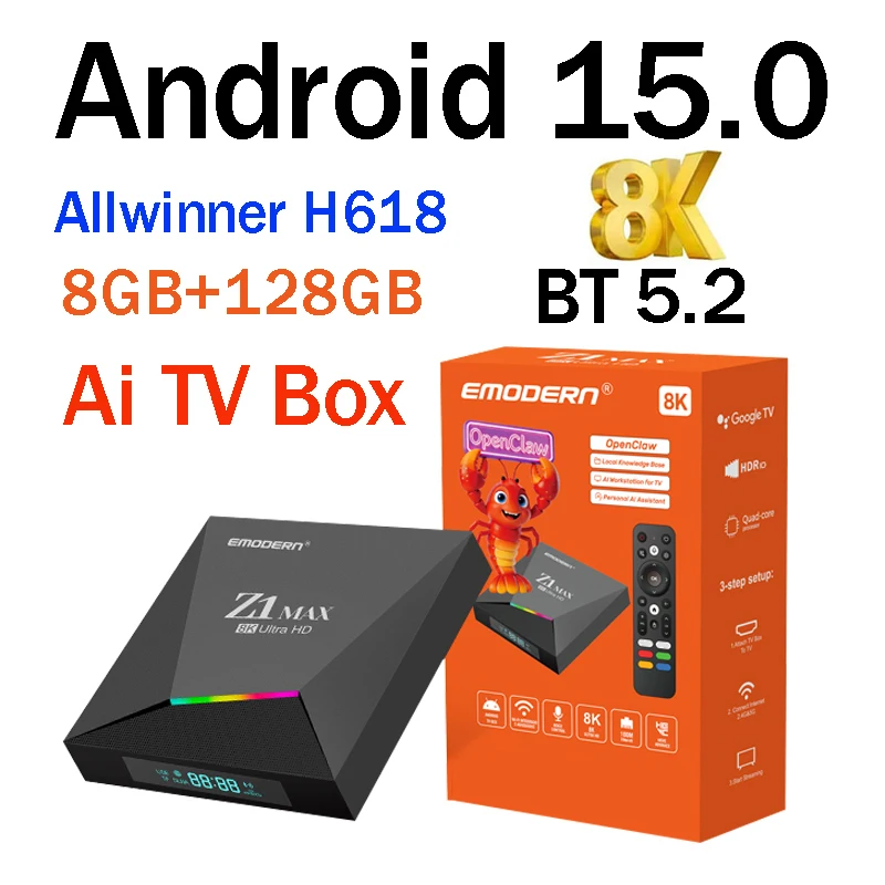 ТВ-приставка Z1 Max Ai Smart Android 15 HD 8K 4K BT5.2 Allwinner H618 Quad Core 5G 4G Wifi6 с голосовым помощником OpenClaw Player 8GB 128GB