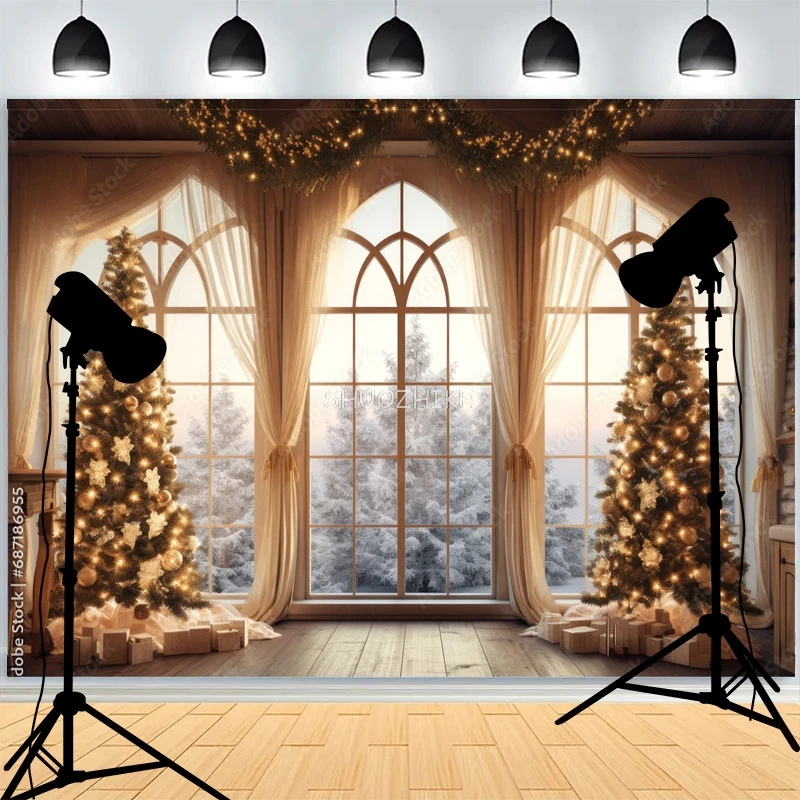 يوم عيد الميلاد Wreach ندفة الثلج خلفيات للتصوير الفوتوغرافي الموقد شتاء السنة الجديدة كوخ غرفة المعيشة الديكور خلفية CC-04
