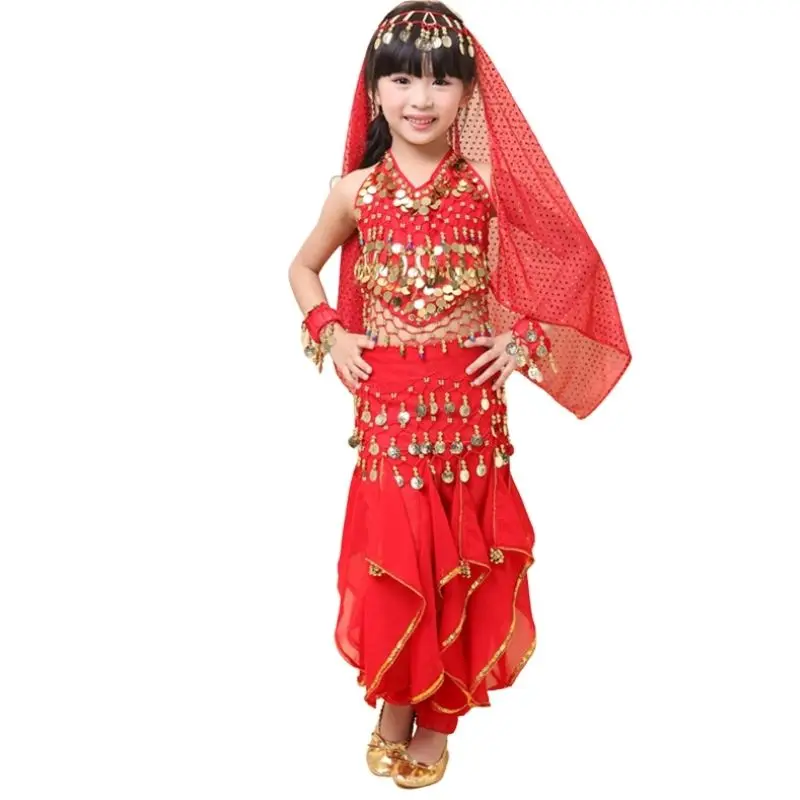 

Child Belly Dance Set Dance Clothes Dance India Costume Performance Wear 5pcs Top&Pant&Belt&Headband&Bracelet,3 Colors.VL-K3