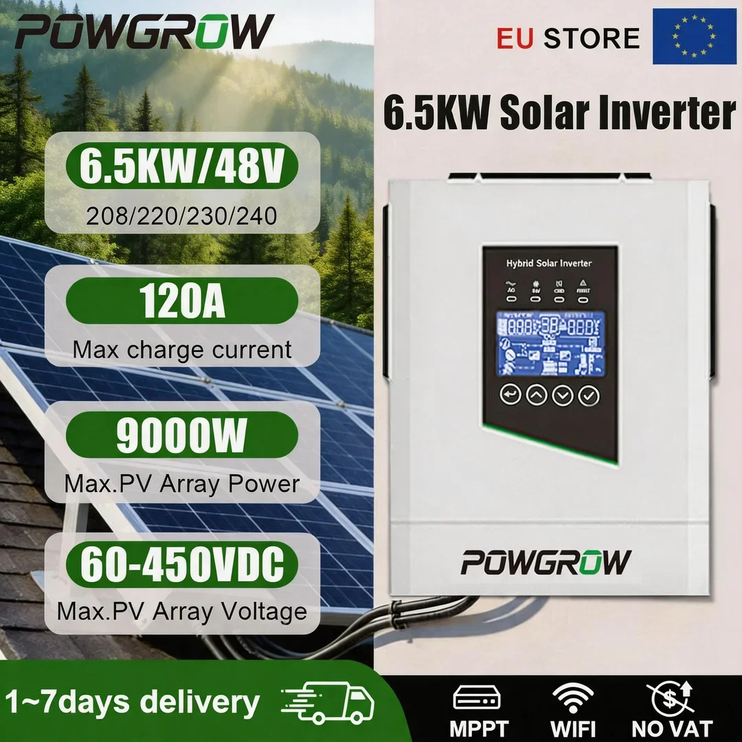 POWGROW 6.5KW Hybride Solar Inverter 120A MPPT Solar Charger 48V 220V Zuivere Sinusgolf Inverter PV 500VDC Met WIFI Zonder BTW EU Voorraad