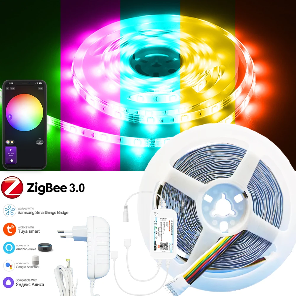 

Zigbee 3.0 DC12V RGBCCT Светодиодная лента 1M-10M Dual Outport RGBCW Светодиодный контроллер Диммер для Tuya Zigbee Smart Life Home Google